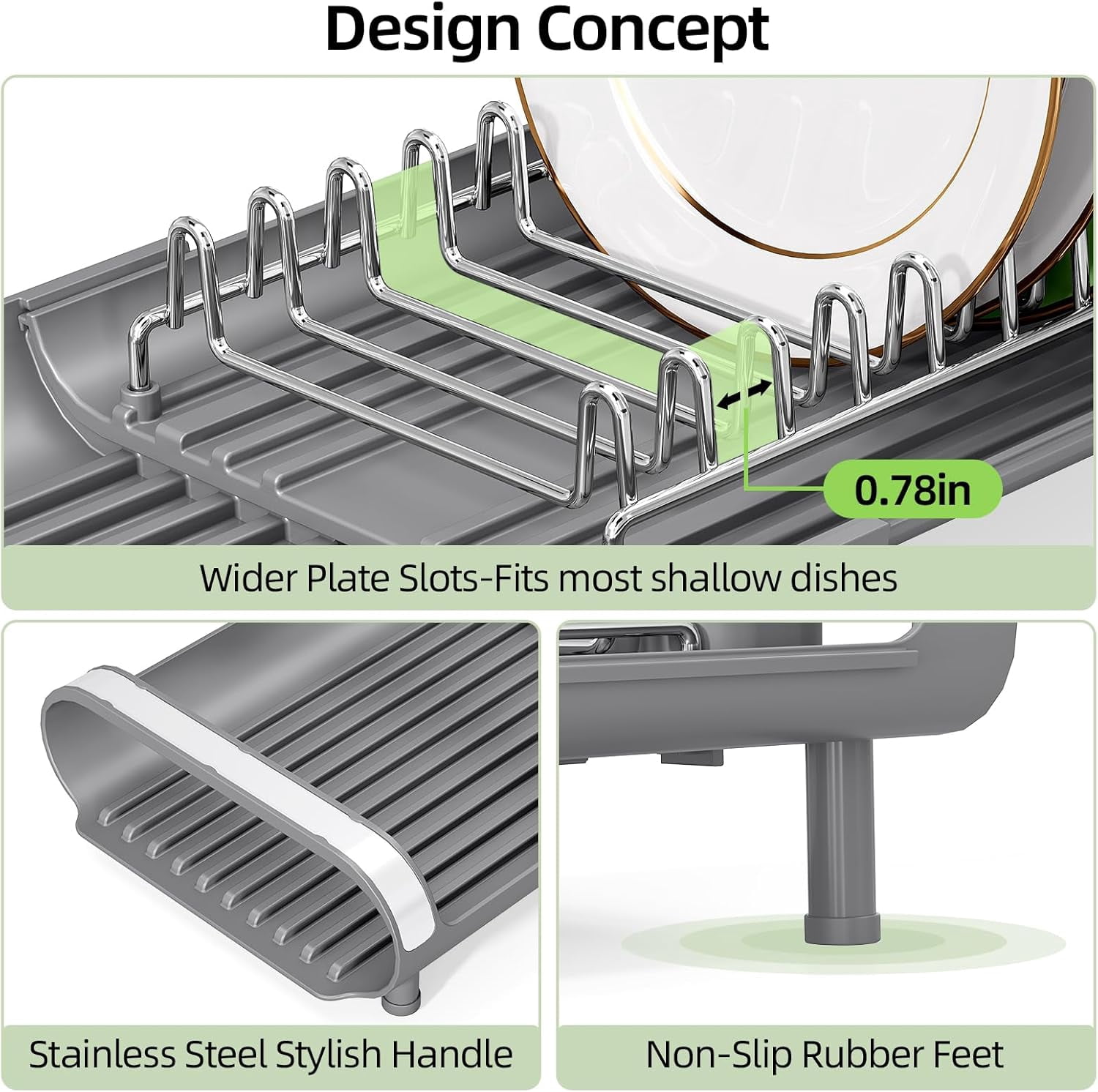 Small Dish Drying Rack, Mini Expandable Compact Dish Rack, Slim Extendable Stainless Steel Dish Drainer for Kitchen Plate Storage, Space Saving Dish Strainer in Sink or on Home Countertop, Gray