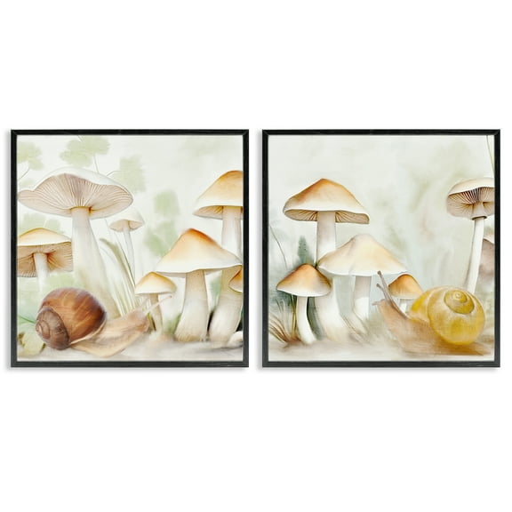 Stupell Industries Snail Crawl by Mushrooms Plants & Flowers Painting Black Framed Art Print Wall Art, 12 x 12, Set of 2