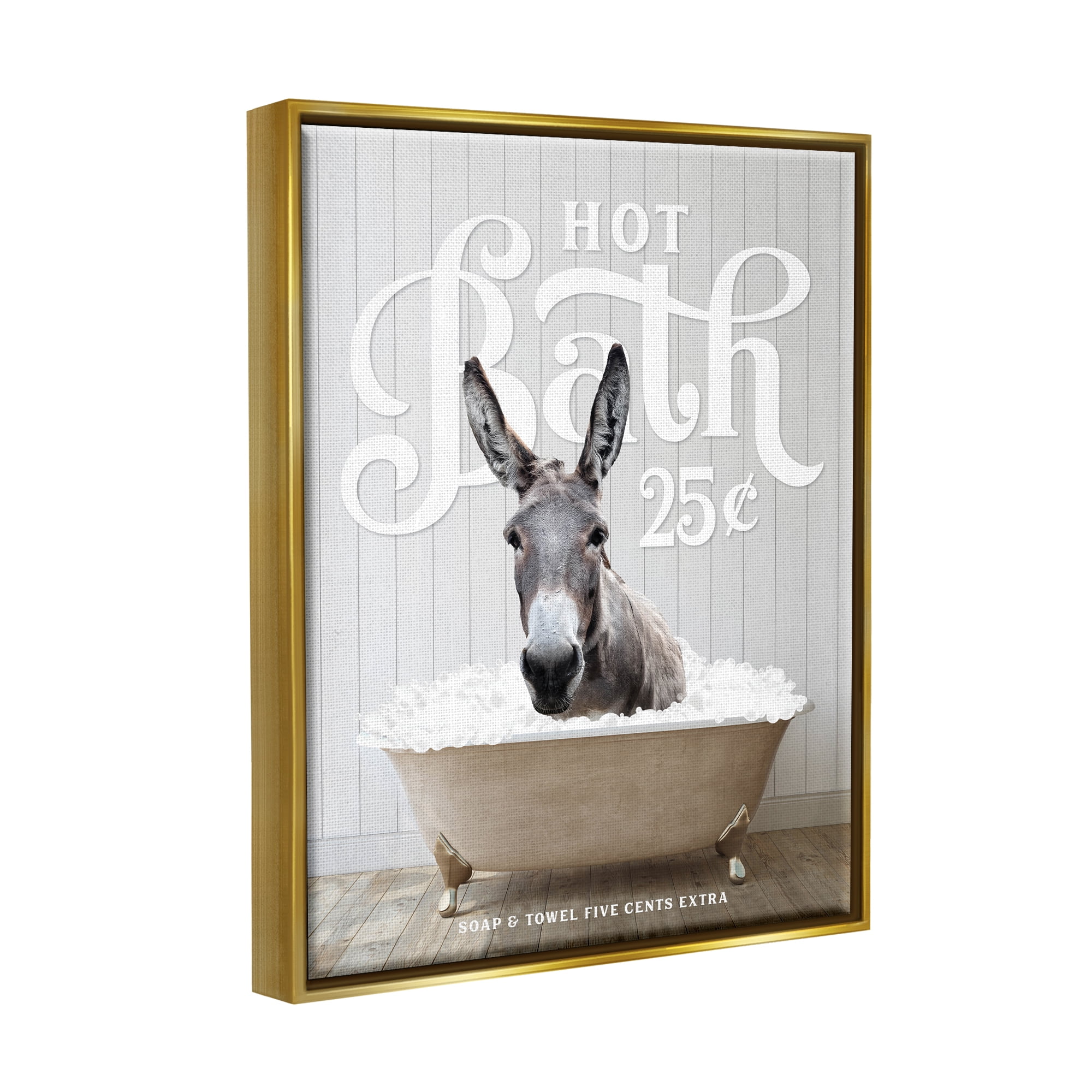 Stupell Industries Vintage Bathroom Donkey Animals & Insects Painting Gold Floater Framed Art Print Wall Art, 17 x 21