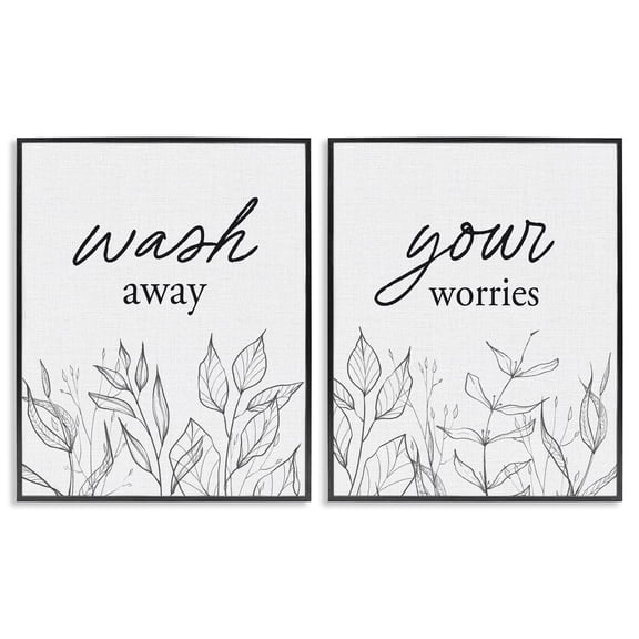 Wash Away Worries Minimalist Leaves 2 Piece Black Framed Giclee Art Set, design by Lettered and Lined