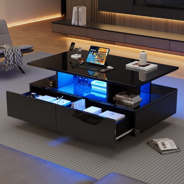 High-Gloss Black Coffee Table with LED Lights & Drawers - Modern Side Table