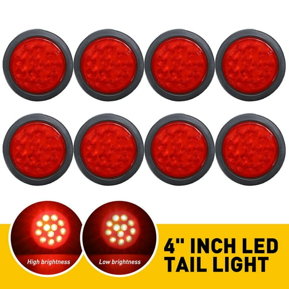 8x 4“ Round 12 LED Trailer Tail Lights Truck Stop Brake Lamp w/Grommet Red