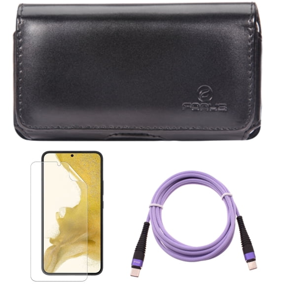 For Samsung Galaxy S21 (6.2") - Swivel Leather Case Belt Clip   Long Charger Cord Type-C to USB-C Purple 6ft PD Cable   Anti-Glare TPU Film Matte Screen Protector