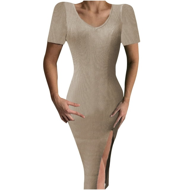 EQWLJWE Robes d'Été pour Femmes 2023 Mode Féminine Couleur Unie Aguichant Manches Courtes Robe Tricotée Fendue