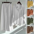 thumbnail image 2 of Quixlent 2 Pcs/Set Women Plus Size Shirt Trousers Set Solid Color Long Sleeves Lapel Collar Blouse High Waist Loose Wide Leg Pants Set Casual Commute Outfit, 2 of 8