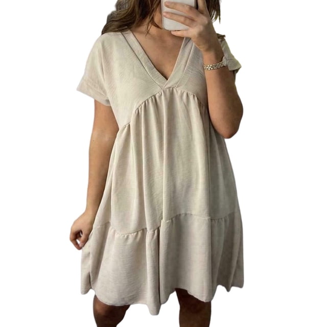 MAWCLOS Robes Mini pour Femmes Couleur Unie Robe T-Shirt Manches Courtes Robe d'Été Décontractée Col en V Kaki m
