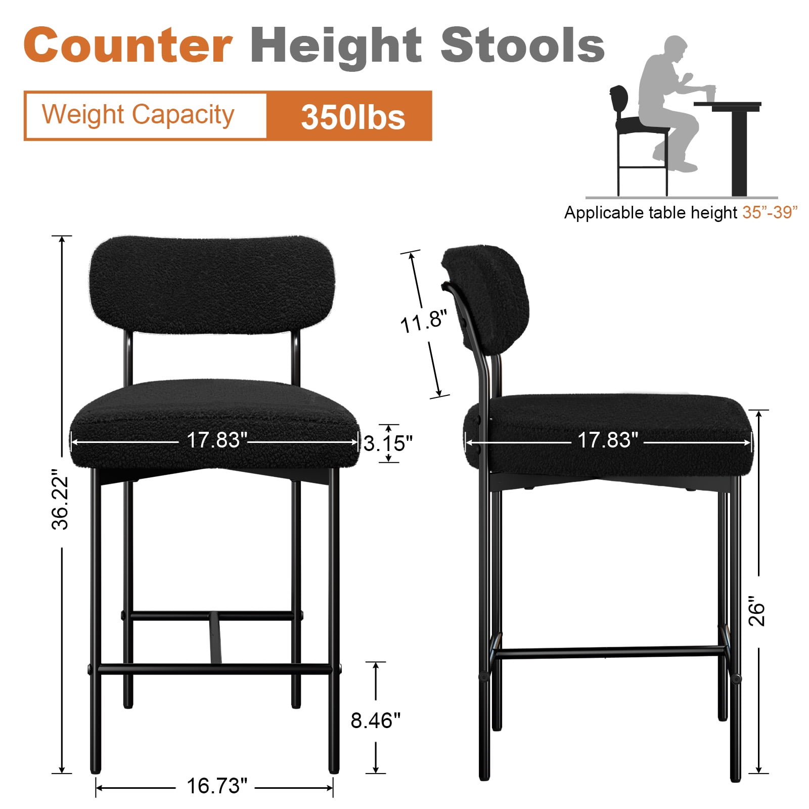 Hommpa Bar Stools Set of 4 with Back & Footrest 26" Counter Height Barstools Boucle Bar Chairs Modern Pub Chairs Black Plush for Kitchen Island Bistro Coffee Shop Mid Back