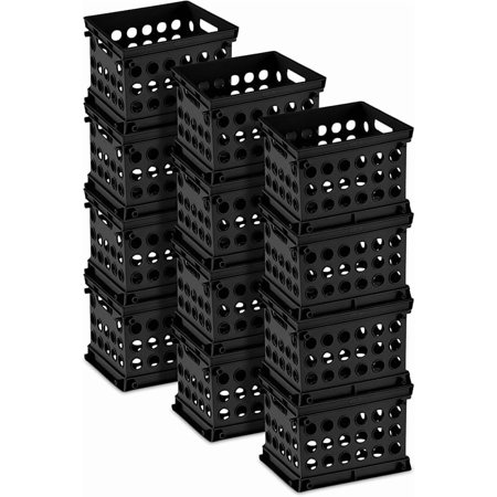 Mini Crate, Stackable Plastic Storage Bin with Handles, Organize Home, Garage, Office, School, Dorm Room, Black, 12-Pack