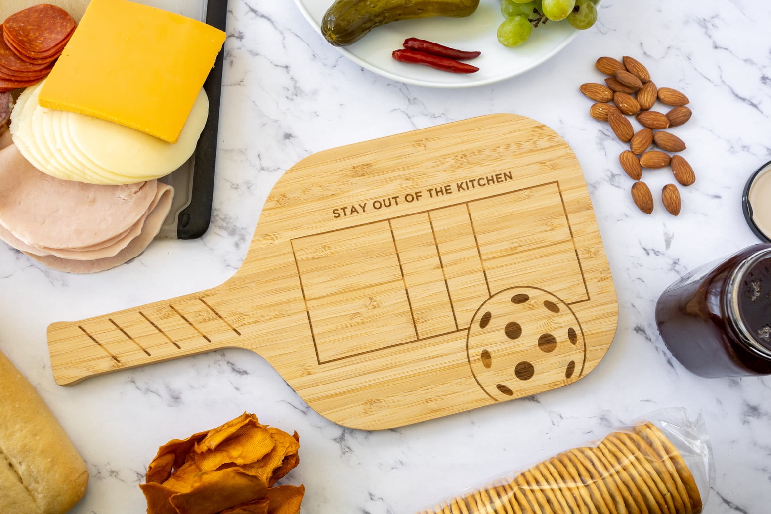 Pickleball Charcuterie Board Set - Bamboo Paddle Board & Round Plate For Cheese & Snacks 2 thumbnail image