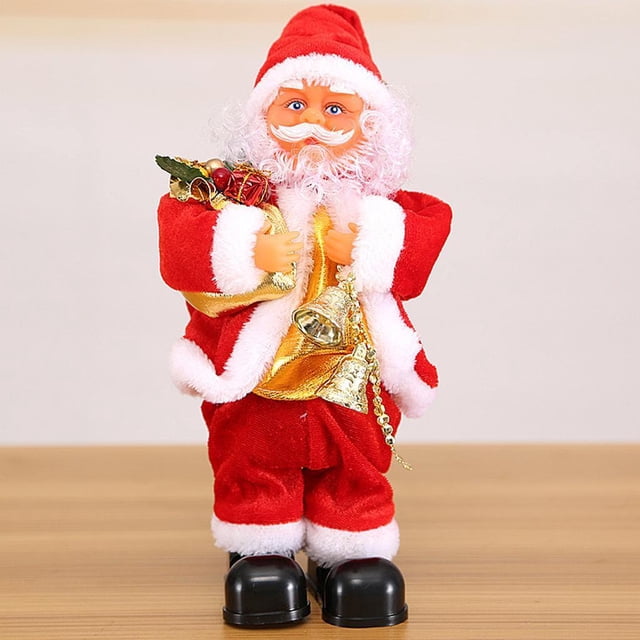 juguete musical de baile de santa claus de de navidad doll papá noel dibujos dibujos animadoss regalos de navidad Papá Noel de 27 cm, vista frontal a cuerpo entero; figura de PVC con traje rojo y ribete blanco, gorro y barba rizados, sostiene adorno dorado con campana sobre base de plástico negro; enciende música y baila (requiere 3 pilas AA, no incluidas), adorno de mesa festivo y también adecuado para decorar estanterías o escritorios.