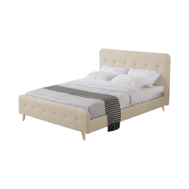 Ilios Innova | Base Con Cabecera Cama Queen Size de Madera con Tapizado Capitone en Lino Beige Diseño Contemporáneo