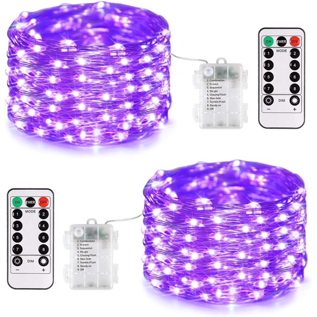 Paquete de 2 luces de hadas de Halloween con pilas, 100 luces LED moradas de Halloween de 33 pies con control remoto, 8 modos de luces de cadena centelleantes