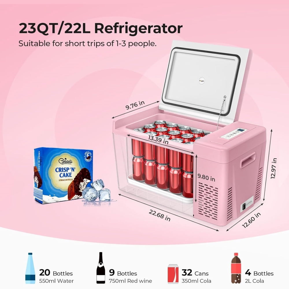 BougeRV Pink 23Qt Car Refrigerator 12 Volt Fridge Portable Freezer Compressor Cooler 12/24V DC 110~240V AC, -7℉~50℉ for RV Truck Vehicle Boat Outdoor & Home Use