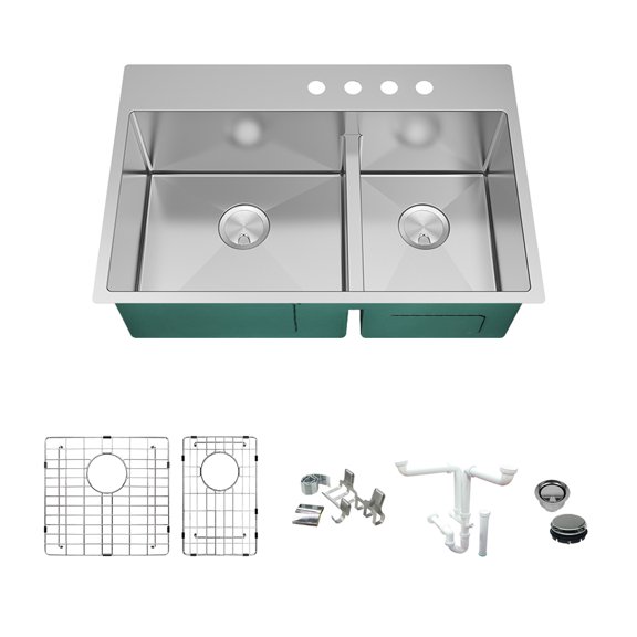 Transolid KKM-DTDO332210-4 Diamond 33-in L x 22-in W 60/40 Double Bowl Dual-Mount Kitchen Sink and Accessories Kit with 4 Pre-Drilled Holes in Stainless Steel