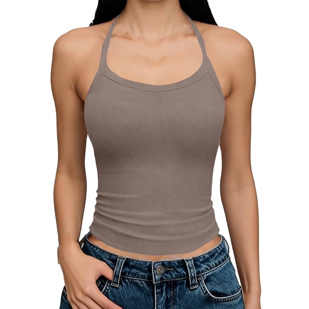 Camisetas sin Mangas para las Mujeres con Cuello Redondo sin Espalda Camisetas de Moda Casual de Poliéster de Longitud Regular