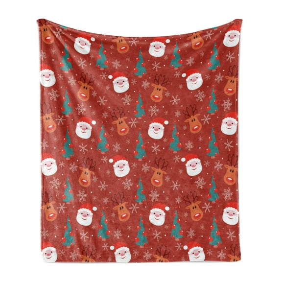 Holiday Soft Flannel Fleece Throw Blanket, Smiling Cartoon Santa with Rudolph Tree and Snowflake Christmas Holiday, Cozy Plush for Indoor and Outdoor Use, 60" x 80", Multicolor Red, by Ambesonne