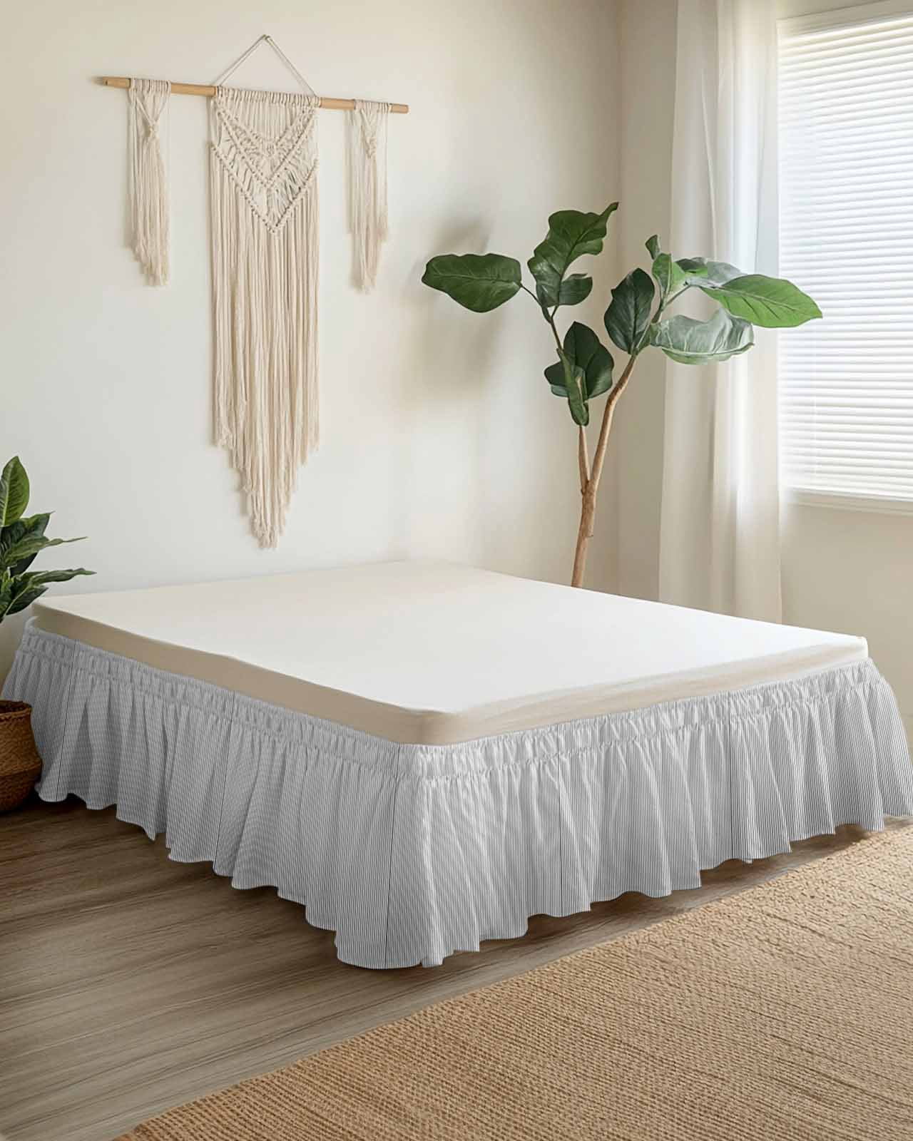 Gray Striped Wrap Around Bed Skirts for Queen Bed 16" Drop,Bed Skirt with Adjustable Elastic Belt Dust Ruffle Bed Valance for Bedroom Hotel Modern Minimalist Vertical Stripes Lines Bed Frame Cover