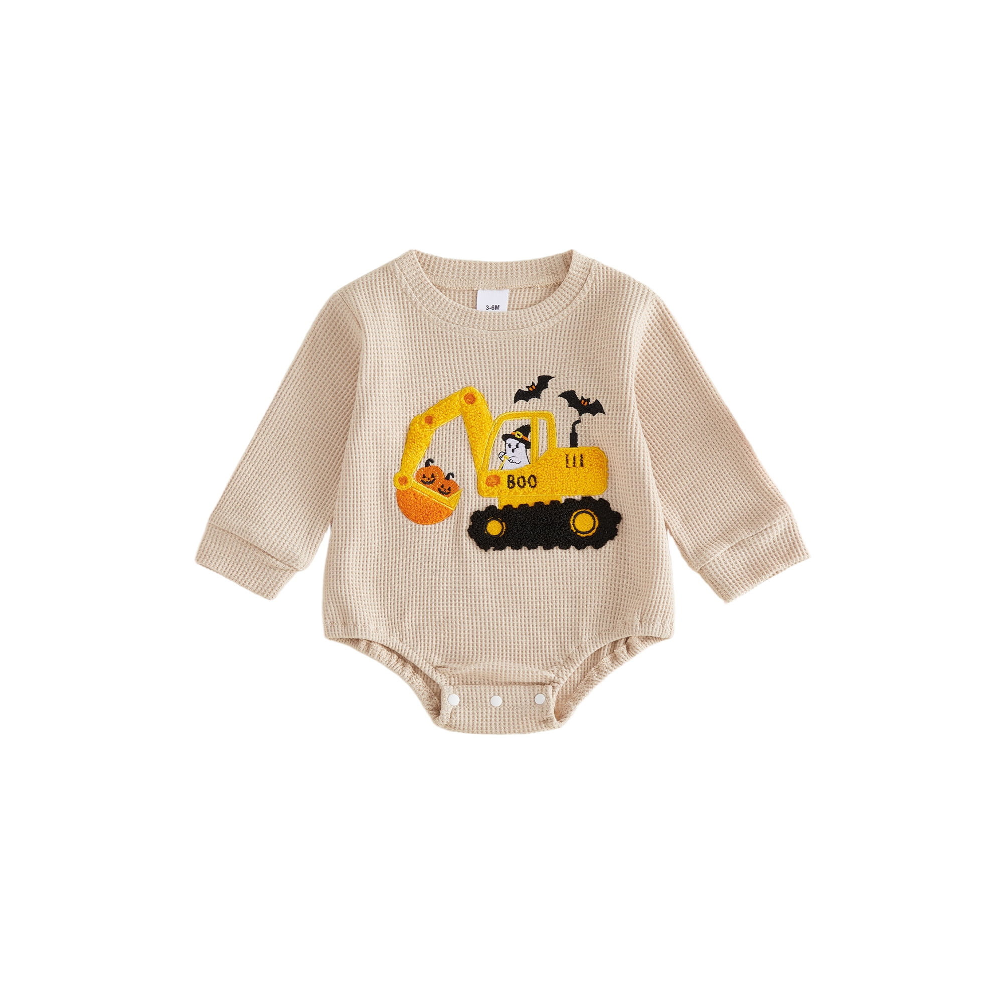 Cjfdfy Newborn Baby Boy Girl My First Halloween Outfit Infant Baby Boys Fall Winter Clothes Waffle Knitted Bubble Romper Pumpkin Bat Ghost in Crane Digger Embroidery Long Sleeve Jumpsuit Bodysuits