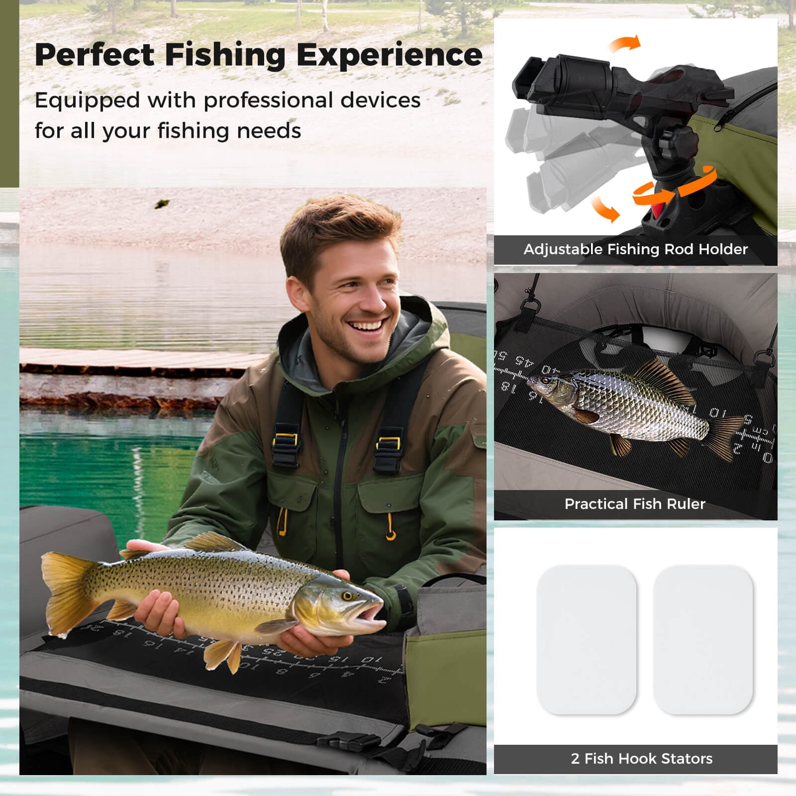 Goplus Inflatable Fishing Boat 350 LBS Fishing Float Tube with Fishing Rod Holder Gray+Green