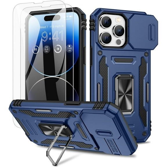 ZUKKASHAN for iPhone 14 Pro Max Case, with Slide Camera Cover & Built-in 360° Rotating Kickstand & Front Glass Screen Protector Protective Phone Case for iPhone 14 ProMax 6.7 inch