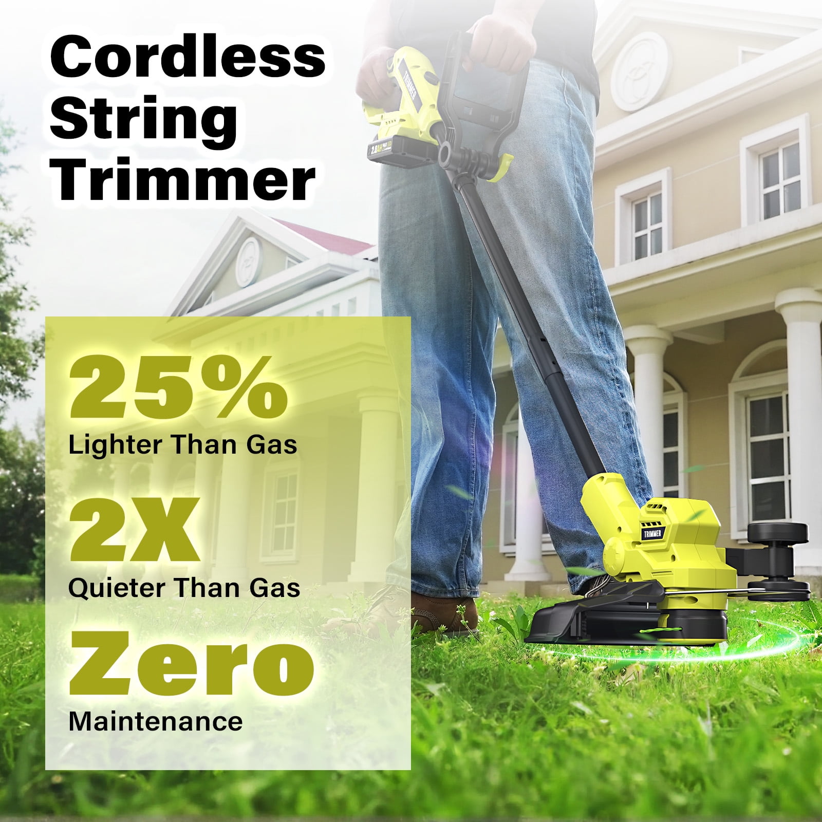 String Trimmer, 12-inch Cordless Grass Trimmer with Auto Line Feed, 2 X 2.0Ah Battery Powered Weed Eaters, 20V Lawn Edger with 8 Pcs Grass Cutter Spool Line, Fast Charger Included