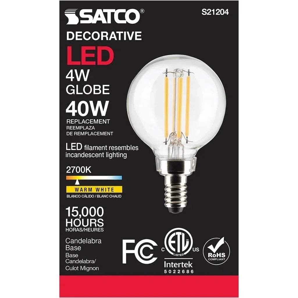 Satco S21204 G16.5 Globe LED Light Bulbs 4W 120V 2700K 90CRI E12 Candelabra Base Dimmable (6 Pack)