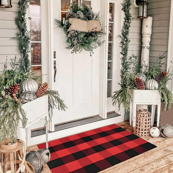 Isvgxsz Fall Outdoor Orange and White Plaid Rug - 15.7x23.6 Inches Cotton Hand-Woven Checked Rug Layered Doormats for Front Door Porch Farmhouse Entryway Patio