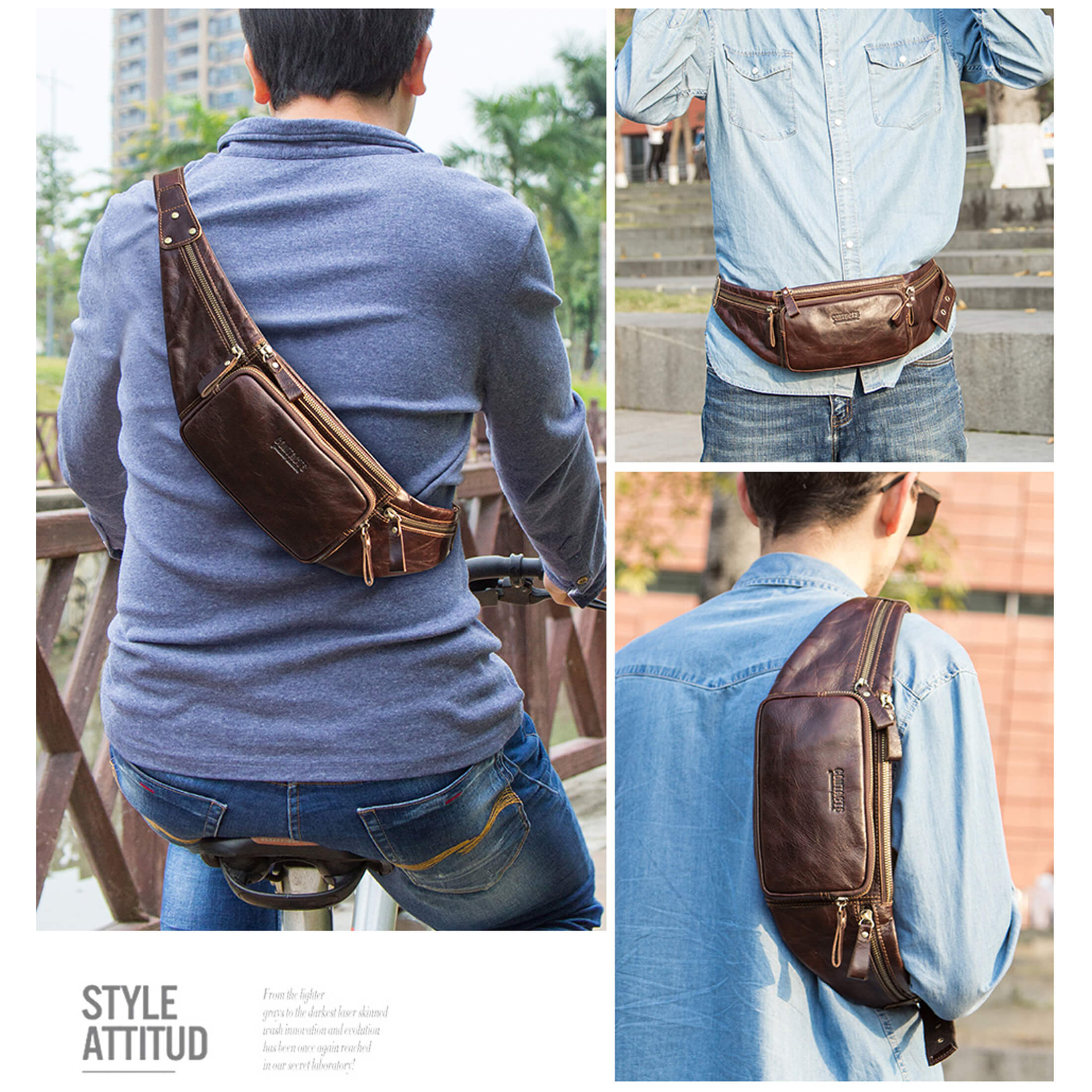 Contact's Genuine Leather Slim Waist Pack for Man & Woman, Vintage Design & 4 Zipper Pockets & Adjustable Strap, Handmade, Large Capacity Fanny Pack Crossbody Belt Bag for Travel or Ride, Coffee