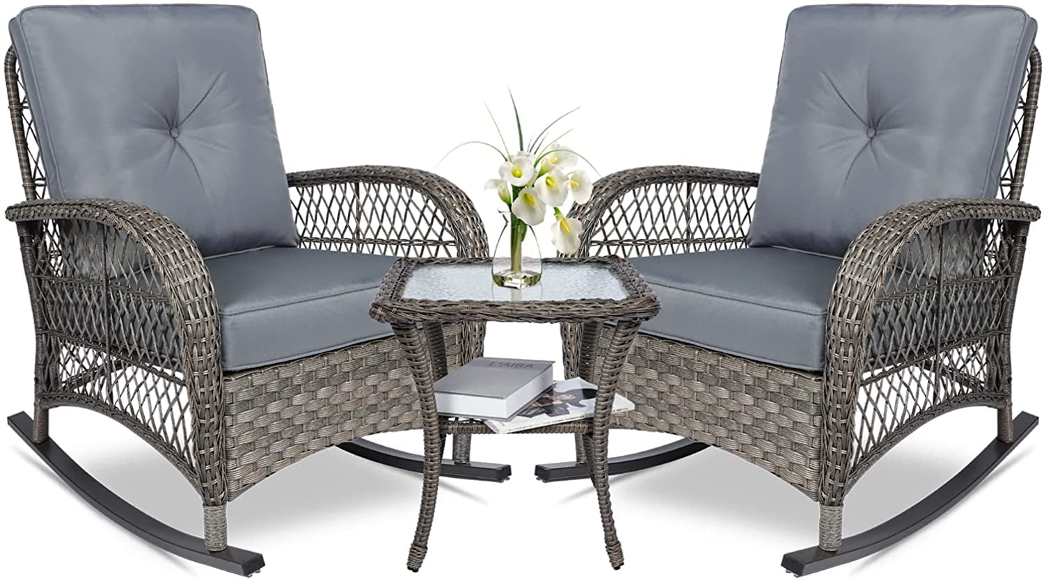 MEETWARM 3 Pieces Patio Wicker Rocking Chair Set, Rattan Outdoor Rocker