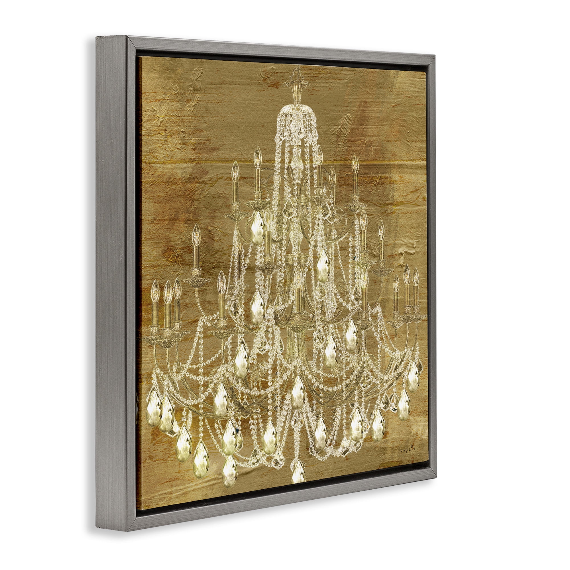 Stupell Industries Vintage Glam Crystal Chandelier Beauty & Fashion Painting Gray Floater Framed Canvas Art Print Wall Art, 18 x 18
