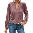 thumbnail image 3 of QATAINLAV Velvet Shirts for Women Dressy Casual Long Sleeve V Neck Blouse Solid Color Ruffle Trim V Neck Holiday Tops, Pink, S, 3 of 9