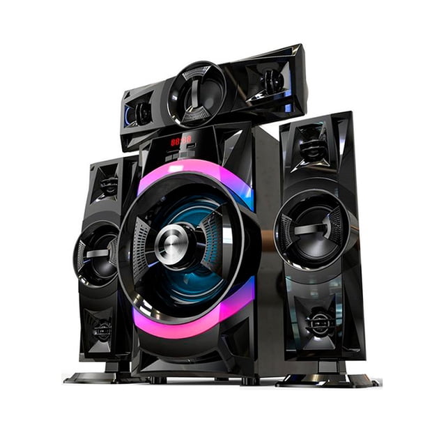 dm l1 bocinas estéreo, mas potencia bass. panel led, con control remoto Bocinas D&M negras con subwoofer central y tres satélites en vista frontal 3/4; subwoofer con anillo LED RGB y panel LED digital, carcasa plástica con rejillas circulares. Especificado con Bluetooth 5.0, puerto USB, ranura SD, radio FM, control remoto y ajuste de treble/bass; potencia 60W y dimensiones 50×36×21.2 cm. Su tamaño las hace adecuadas para reuniones y uso doméstico.