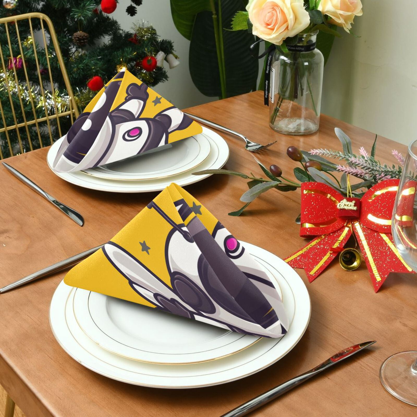 JSTEL Cute Bee Astronaut Cartoon Cloth Napkins Set of 6, 20x20 Inch Washable and Reusable Napkin for Decoupage Dinner Party Everyday Use