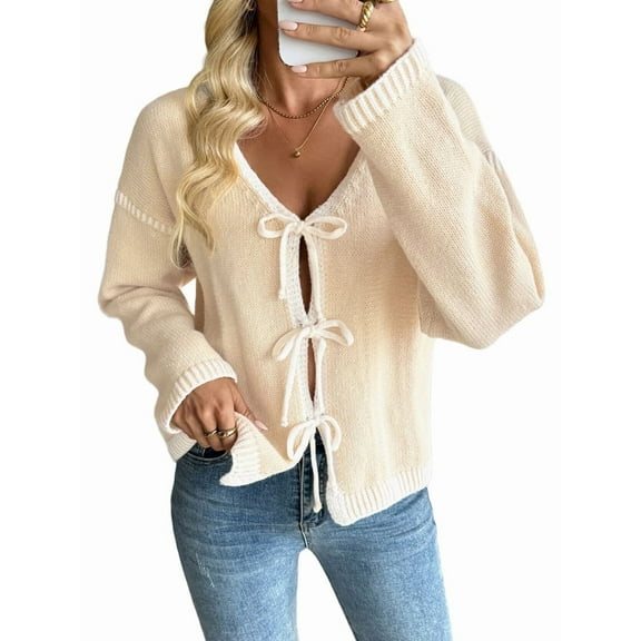 Women'S Tie Front Cardigan Sweaters Contrast Trim Long Sleeve Knit Sweater Fall Winter Loose Fit V Neck Khaki M