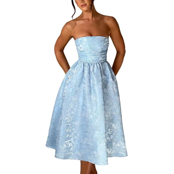 Vestido EEMEII de verano sin tirantes para regreso a casa con bolsillos, azul