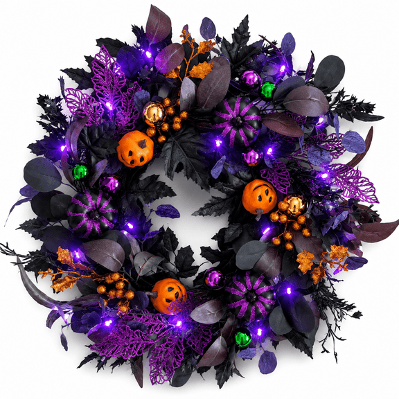 SLUMLOVE 22 in Lighted Halloween Wreath, Black and Purple Pumpkin Door Decor for Front Door, Porch, Wall, Indoor and Covered Outdoor