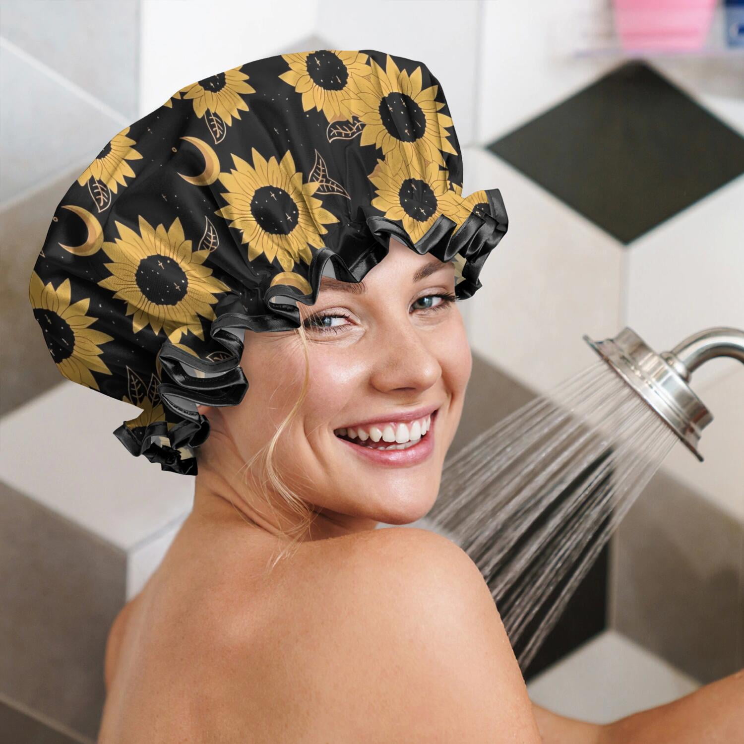 Shower Caps,Black Moon Sunflower Pattern Waterproof Shower Cap for Women 4 Pieces,Double Reusable Hair Cover for Shower PEVA Elastic Stretch Hem