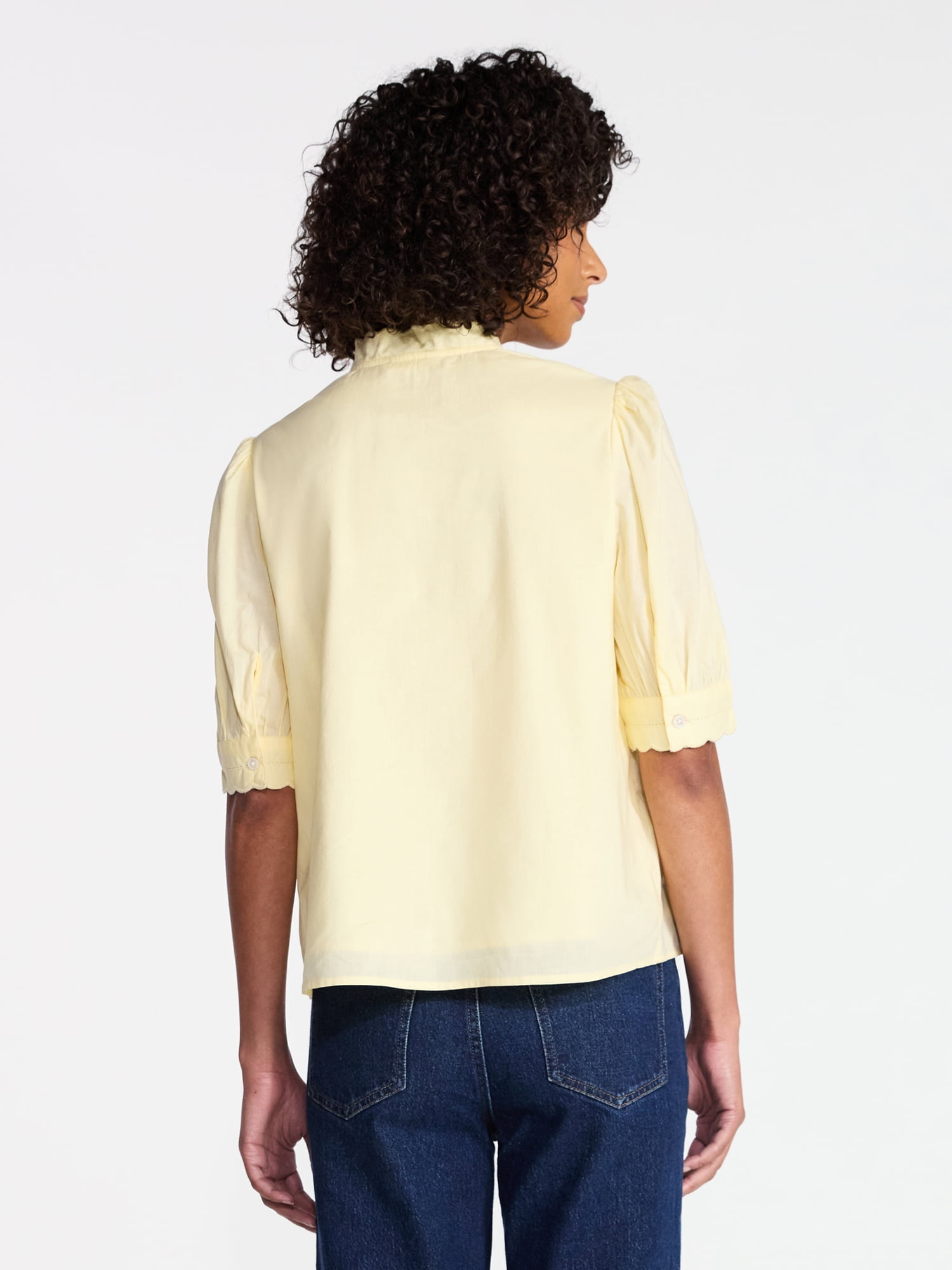 Time and Tru Women's Cotton Scalloped Edge Blouse with Short Sleeves, Sizes XS-XXXL