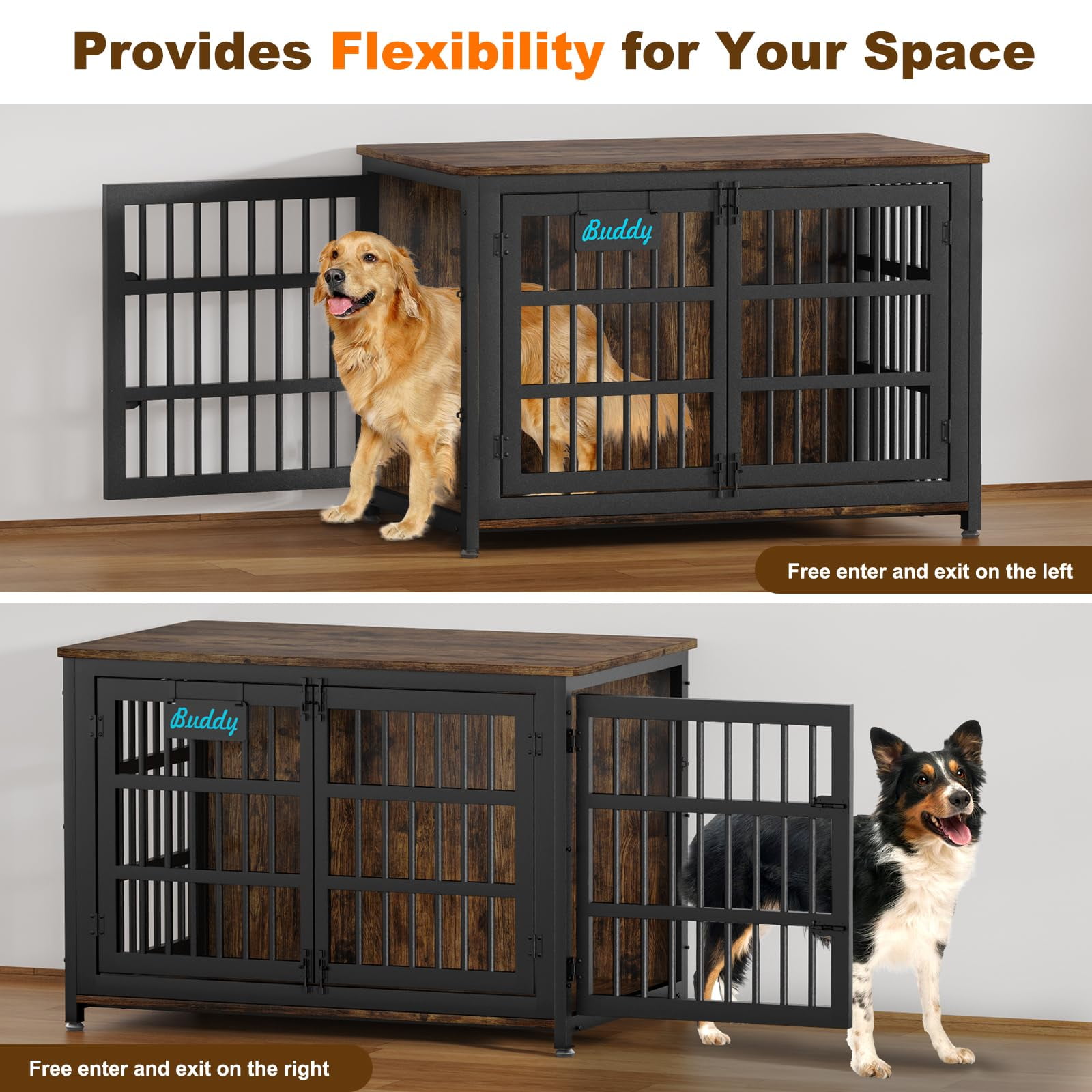 POAO 41"Heavy Duty Dog Crate Furniture with Name Tag,Chew Proof Prevent Escape for High Anxiety Dogs, Indoor Indestructible Dog Kennel ,Brown