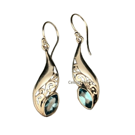 Solid 925 Sterling Silver Dangle Drop Earrings For Women, Natural Blue Topaz Gemstone Unique Handcrafted November Birthstone Earrings