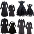 thumbnail image 2 of Vestido de Cosplay de Wednesday Addams para niñas, niños, mujeres adultas, disfraces a juego de la familia Wednesday, ropa gótica negra, fiesta de Halloween 9-10T (etiqueta 150) Gao Jinjia LED, 2 of 2