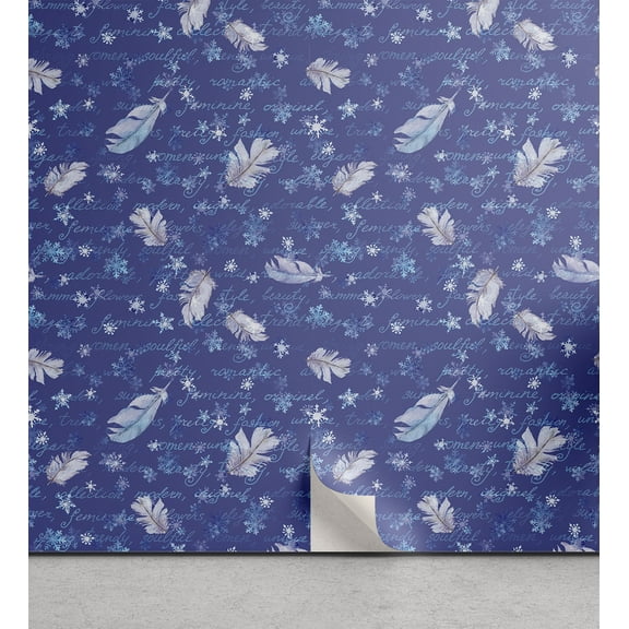 Ambesonne Romantic Peel & Stick Wallpaper for Home, Feathers Cursive Scripts, 13"x36", Dark Ceil Blue Pale Mauve