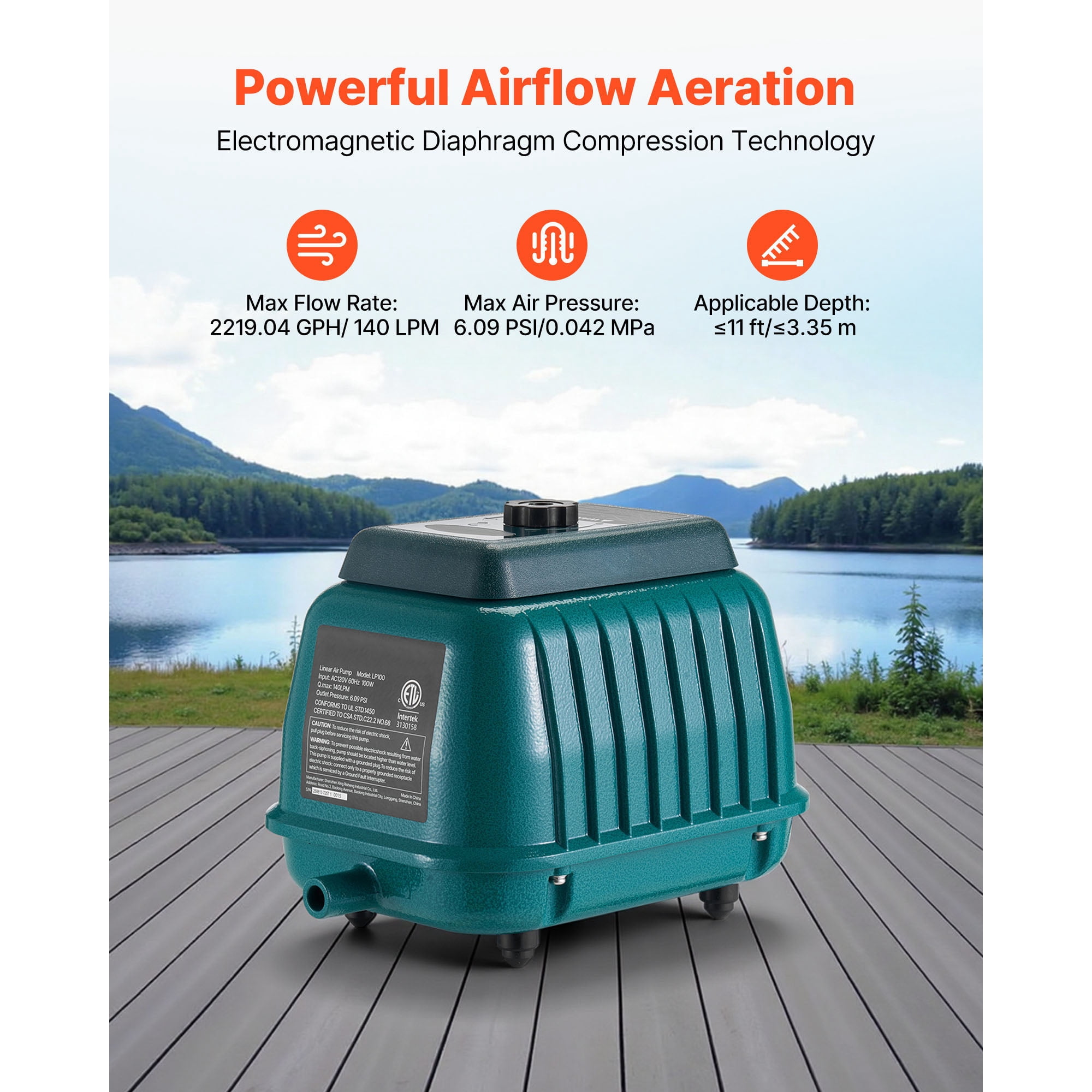 KFFKFF Linear Air Pump, 2219.04 GPH Airflow, Aeration System for 11 ft Deep Ponds, Suitable for Septic Tanks, Aquariums, Waste Management, Seafood Establishments, Fish Farms, and Hydroponic Systems