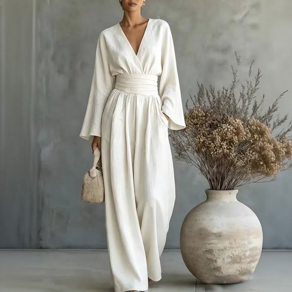 Elegant Solid Color Wide-Leg Jumpsuit with High Waist and Long Sleeves for Daily Resort Wear Modern Jumpsuit Ensemble, White, S