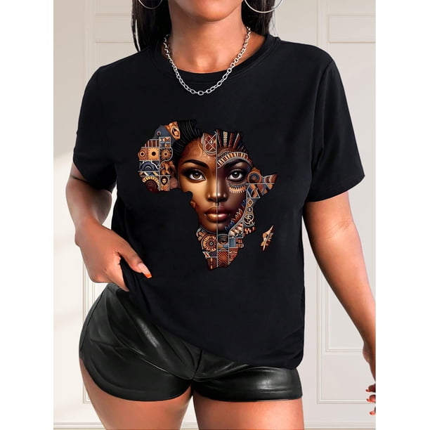 Vintage Old Portrait Print Black Women's Casual Fashion Top Round Neck Short Sleeve T-Shirt