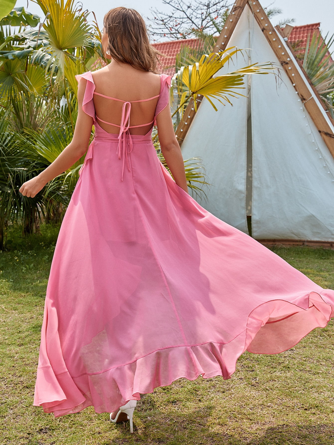 solid ruffles backless fishtail maxi dress