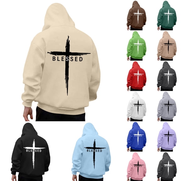 Men Jesus Hoodies Faith Christian God Bible Verse Cross Religious Pullover Sweatshirts Beige L