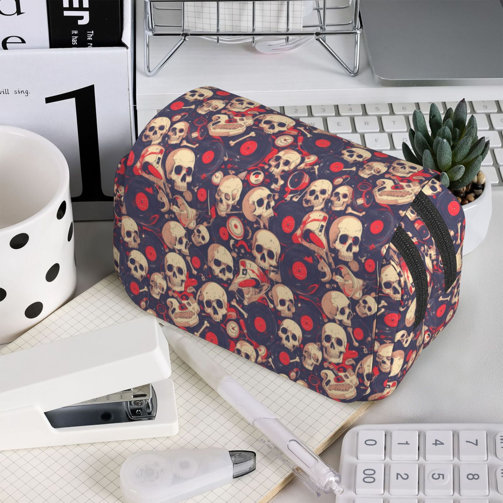 Rateoe Skull rock music record Pattern Double Clamshell Pen Case, Storage Organizer with Two Zipper Compartments– Holds Up to 50 Pencils & Pens