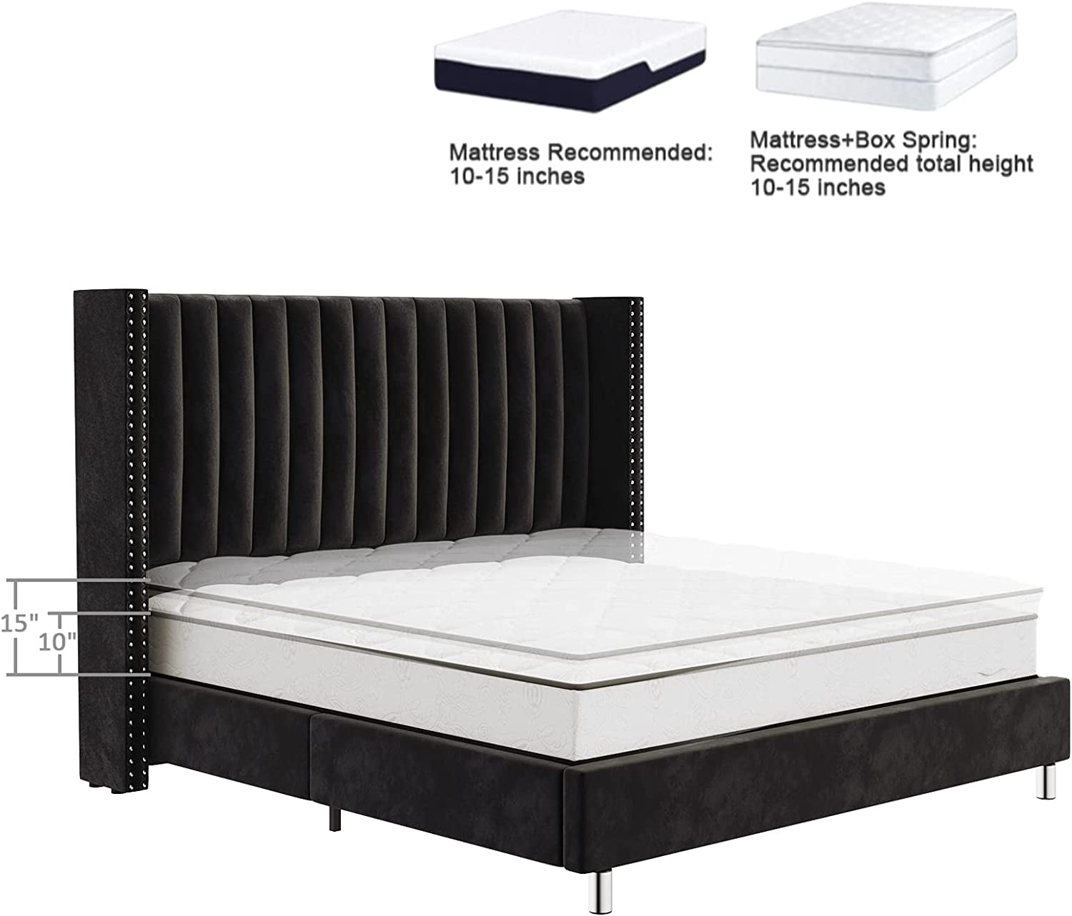 VanAcc King Bed Frame and Headboard Upholstered Wingback Bed with Vertical Channel Tufted Velvet/No Box Spring Needed/Easy Assembly/Black