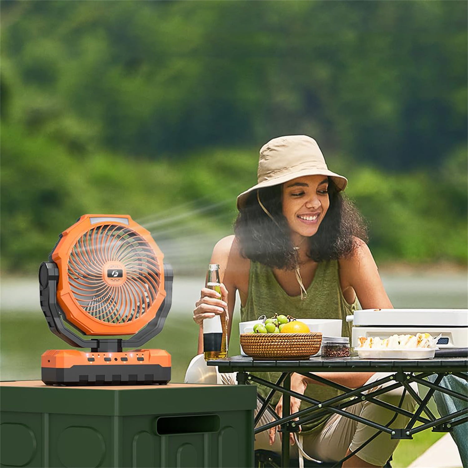 Portable 20000mAh Rechargeable Fan - 9-Inch Camping Fan with Light & Hook for Tent, USB Fan for Picnic, BBQ, Fishing, Travel, Jobsite Orange
